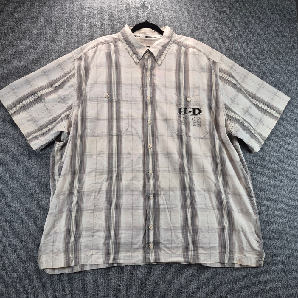 Harley Davidson Button Down Shirt Embroidered Plaid 3XL Gray Mens